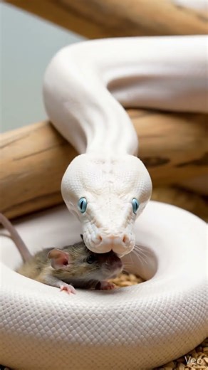 Blue-Eyed Leucistic Ball Python Feeding – Indoor Glass Setup