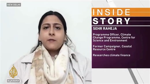 Sehr Raheja, Programme Officer, Climate Change at CSE speaks with Dareen Abughaida on a panel for the Inside Story Segment on Al Jazeera Media Network (English) on the issue 'Can Southeast Asia cope with record-breaking storms?'. | Centre for Science and Environment