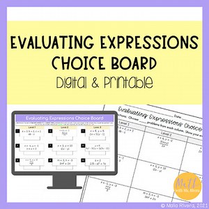 Evaluating Expressions Digital and Printable Choice Board Worksheet Pre Algebra