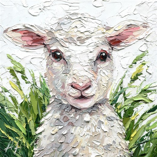 Sheep Oil Painting, Original Impasto Textured Lamb Farm Animal Art, Palette Knife Meadow - Etsy