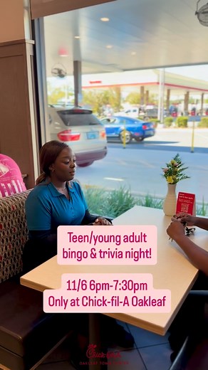 Flex the Facts: Bingo Edition! 💪 A night of Bingo and Trivia for teens & young adults This Thursday, Nov. 6th, 6pm-7:30pm at Chick-fil-A Oakleaf. Think you’ve got the brains and the luck?🍀 Join us at Chick-fil-A for an epic night of bingo, trivia, prizes, and fun made just for teens and young adults. Grab your friends, claim your spot, and get ready to flex what you know. Prizes, laughs, and bragging rights are all on the line, but this night is all about having fun with your crew. Tag someone