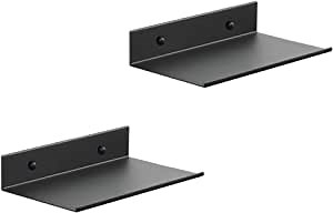 Z metnal Small Floating Shelves for Wall, 8-Inch Modern Aluminum Metal Display Shelf, Rustproof Minimalist Decor Wall Shelf for Bathroom, Bedroom & Office, No-Drill & Screw Mount, Matte Black, 2-Pack