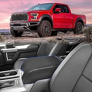 Compatible with Car Center Console Cover for Ford F150 2015-2020 Accessories, Microfiber Leather Middle Armrest Box Cover with Black Line