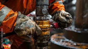 A closeup of a worker repairing a damaged oil well casing using specialized welding equipment.