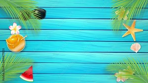 Abstract background simple animation for summer vacation,blank blue wood floor, palm leaf with star fish and shell, with copy space