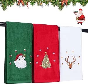 3 Pcs Christmas Hand Towels for Bathroom, 100% Cotton Soft Absorbent Christmas Kitchen Towels, Embroidery Christmas Decorations Towel for Holiday, Kitchen, Gift (15 x 23 Inch)