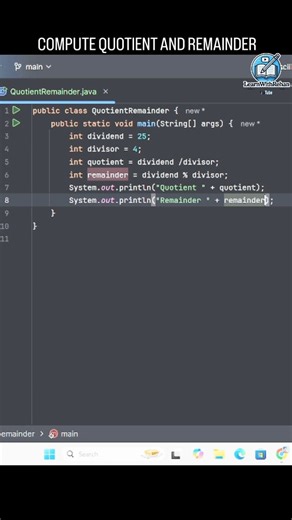 Learnwith Rehan on Instagram: "Compute Quotient and Remainder #java #javatutorial #learnwithrehan #programming"