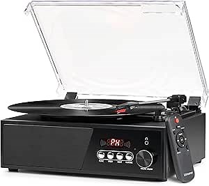 Vinyl Record Player Bluetooth with USB Digital FM Radio Remote Control Vintage Turntable for Vinyl Records with Speakers 3 Input RCA Line Out Black