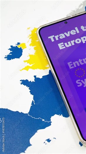 Smartphone with the European Union's EES Entry Exit System mobile app open, placed on a map of Europe with a passport, representing the new travel regulations for the Schengen Area