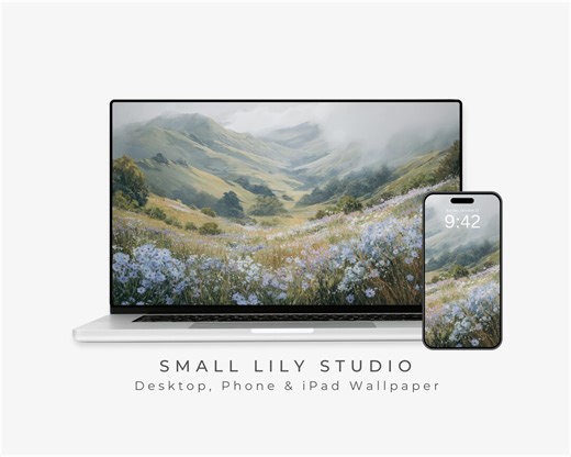 Blue Wildflowers Desktop Wallpaper Set, Spring Phone Wallpaper, Moody Floral Landscape iPhone Wallpaper, Aesthetic iPad Background | WS189 - Etsy