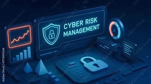 Visual representation of cyber risk management with graphs, locks, and modern digital elements in a dark theme.