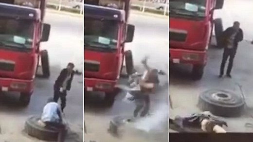 Watch exploding truck tyre blast mechanic into the air