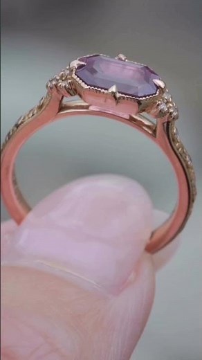 "Fiona" ring design with an opalescent purplish pink emerald shape sapphire and diamonds. #ring