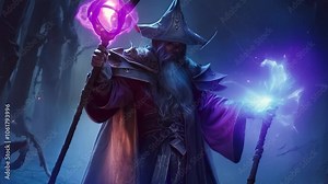 Powerful wizard casting spells in a dark forest during a mystical twilight, wielding glowing staffs and surrounded by magic