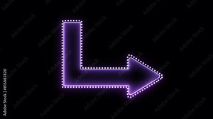 Glowing Neon Arrow with Led Light Lamps Colorful Neon Lights Pointing Arrow. Isolated on Black Background. Led Light Arrows Illustration. 4K Stage or Road Direction Arrow Sign in Violet Blue tones. Stock Video