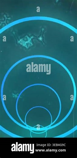 Vertical video: Nested cyan-blue rings pulsing on playback start, speck circling to show data flow. Circles, neon, glow, holographic, abstract, cyber, vertical video Stock Video Footage - Alamy