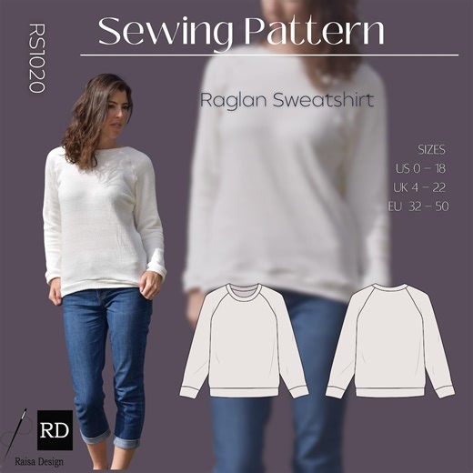 Raglan Sweatshirt Sewing Pattern: Long Sleeve Crew Neck (PDF Pattern)