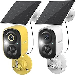 acesee Solar Powered Cameras Wireless Outdoor - 1080P Security Camera for Home Security Pan/Tilt 2.4Ghz WiFi Camera with PIR 2-Way Audio Cloud/SD Color Night Vision - White & Yellow 2 Pack, AC92