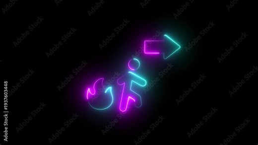 neon fire and exit symbol icon . Emergency exit sign with stick figure running at the door with arrow on a black background. Emergency exit sign Protection symbol Fire icon Motion graphics.4k video
