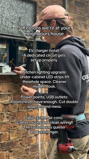 Gregg Hume Electrical on Instagram: "If GHE is at the neighbour’s house, it’s usually one of these. EV charger install. Dedicated circuit, correct protection, tidy finish. Kitchen lighting upgrade. Under-cabinet LED strips that lift the whole space. Power points and USB outlets. Less adaptor clutter, more usable spots. Split system air con wiring. Correct isolator, neat cabling, safe install. General electrical upgrades. The small fixes that stop big headaches. Sunshine Coast electricians. Fast,