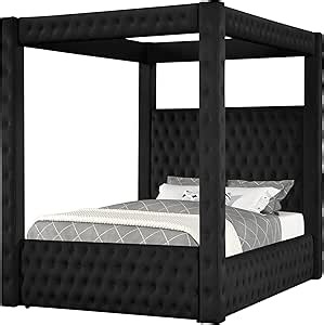 Velvet Canopy Bed Frame King - Upholstered Four Poster Bed Frame with Tufted Headboard and Footboard, Luxury Bed Frame with Wood Slats for Bedroom Furniture, Box Spring Required, Black
