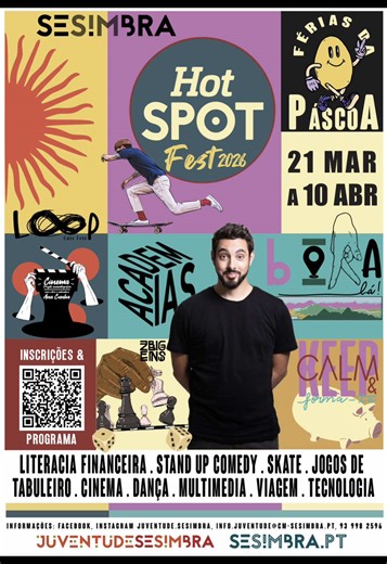 🎈🎈🎈 O Hot Spot Fest está aí à porta! Nesta Páscoa, a animação está garantida para os jovens do concelho com uma nova edição do Hot Spot Fest, que decorre de 21 de março a 10 de abril, e pretende celebrar a juventude e o trabalho realizado com e para os jovens do concelho. 🛹 CAMPEONATO INFORMAL DE SKATE BY SPOT JOVEM 21 MAR | sáb | 14 às 17.30h Jovens dos 15 aos 35 anos Skate Parque do Parque Augusto Pólvora, Maçã Com o @surfclubesesimbra e a @safarisurfshop ♟️ DIRETOS AO TABULEIRO - Tarde de