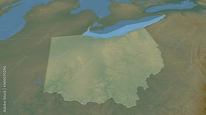 Ohio, state with its capital, zoomed and extruded on the relief map of United States in the conformal Stereographic projection. Animation 3D