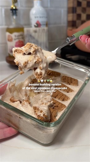my version of the viral Japanese cheesecake 🍌⭐️🍦 recipe below! BANANA PUDDING CHEESECAKE: - 1 cup dairy free yogurt - 1-2 tbsps maple syrup - splash of vanilla extract - 1 banana (thinly sliced) - sweet thins - shake of cinnamon *optional INSTRUCTIONS: - in a small bowl, mix together your yogurt, maple syrup, vanilla extract and cinnamon (optional). Mix together until fully combined - Line the base of your glass container with thinly sliced banana. Top with the yogurt mixture. Add your sweet t