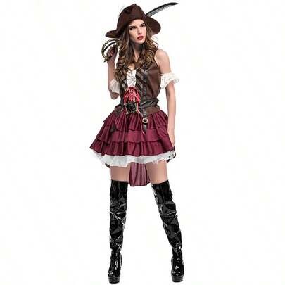 Adult Caribbean Pirate Costume, Women's Theatrical Stage Performance, Captain Jack Cosplay Outfit | SHEIN