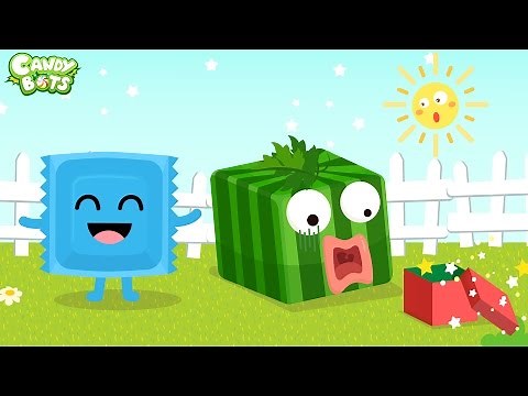 Candy Shapes Part 1 (Candybots) - Learn shape with candy Fruit - Circle, Square, Triangle...