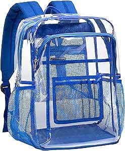 Vorspack Heavy Duty Clear Backpack, Large Transparent Clear Bookbag, Blue | See Through Backpacks with Fabric Bottom, Multi-pockets, Thicker PVC, Big Clear Bag for College Work Travel Festival