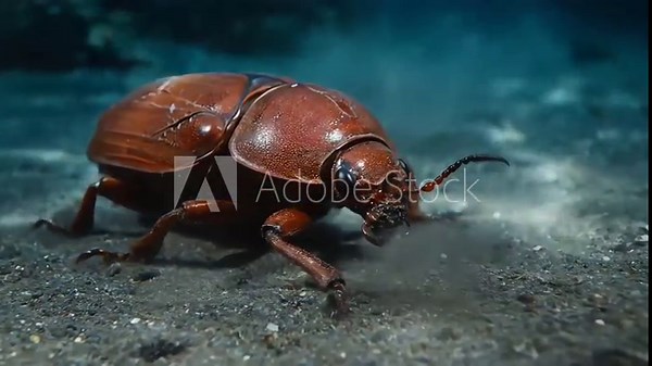 An impressive reddish-brown beetle navigates the dark, sandy terrain, a macro perspective on the solitary life of an insect