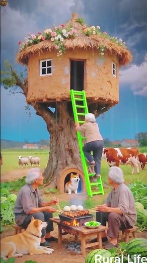 Two elderly men sit at a low table grilling food over an open fire with two dogs nearby #rurallife