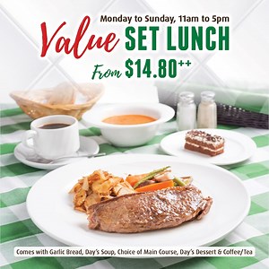 Enjoy Value Set Lunches from $14.80 at Jack's Place! 😍 With our daily change of main course options, you can enjoy a different meal every day of the week! Choice of Main Course (Striploin, Fish or Chicken) comes with 🥖 Garlic Bread, 🍲 Day's Soup, 🍨 Day's Dessert & ☕ Coffee/Tea, which will keep you full & satisfied for the rest of the day! Available daily from Monday to Sunday, 11am to 5pm! Come lunch with us today! 😋 - Jack’s Place, The Place for Steaks 🥩 📍 12 Outlets, Islandwide 🍽 Reser