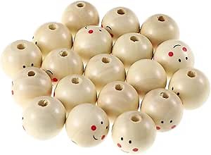 Kids Crafts 1 Inch/25mm Smile Wooden Beads Small Wooden Beads with Hole for Crafts, 20Pcs Bulk Natural, Doll Heads Doll Faces for s, Hair Braids Round