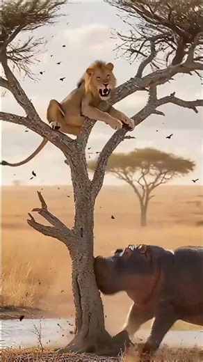 Angry Hippo, Unyielding Lion! 🦛🆚🦁 #Lion #Hippo #Wildlife #AnimalFight #AngryHippo #animalbattle