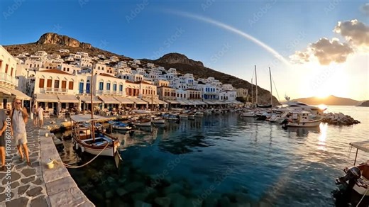 Scenic sunset view of a charming harbor town with white buildings and boats in the Mediterranean Sea