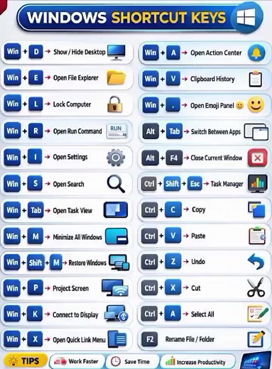 Windows Shortcut Keys You Must Know! 🚀💻 Work faster, smarter, and like a pro with these essential Windows shortcuts! ⚡👇 🔹 Windows D – Show Desktop 🔹 Windows L – Lock your PC 🔹 Windows E – Open File Explorer 🔹 Windows Tab – Task View 🔹 Alt Tab – Switch between apps 🔹 Ctrl Shift Esc – Open Task Manager 💡 Master these and boost your productivity instantly! 👉 Save this post 💾 👉 Share with friends 🤝 👉 Follow himratech for more tech tips 🚀 #WindowsTips #KeyboardShortcuts #himratech