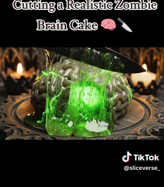 Cutting a Realistic Zombie Brain Cake for Halloween
