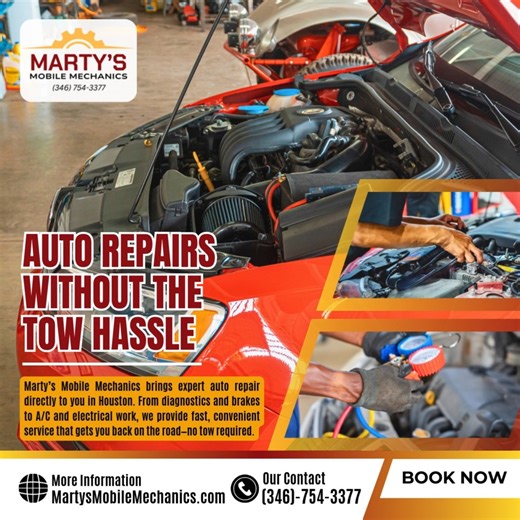 Auto Repairs Without the Tow Hassle Marty’s Mobile Mechanics brings expert auto repair directly to you in Houston. From diagnostics and brakes to A/C and electrical work, we provide fast, convenient service that gets you back on the road—no tow required. | Martys Mobile Mechanics