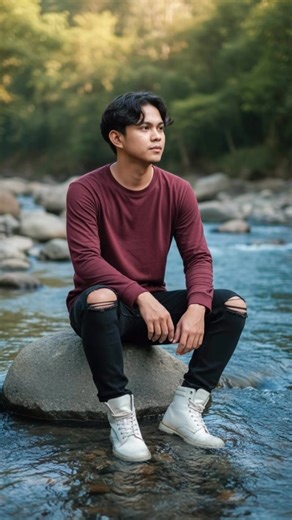 2.2K views | Gemini AI PROMPT: 1. Open Gemini App/Website 2. Upload Your Photo 3. Copy & Paste this prompt: Hyper-realistic 9:16 portrait of a handsome boy with wavy fringe hairstyle, sitting sideways on a rock in a clear blue river. Outfit: maroon shirt, ripped black jeans, white boots. Pose: chin on knee, thoughtful look. Cinematic, calm, nature mood. #gemini #prompt #aesthetic #photography #ai | Bern Matias | Facebook