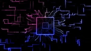 未来的なテクノロジーアニメーションCPU GPU回路基板ネオン。3D Visualization MicroP拡張仮想現実。基板チップ内のデータ伝送。物のインターネット。