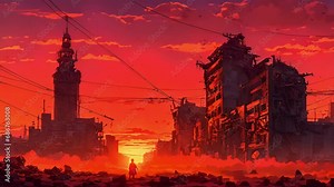 sets behind silhouette broken clock tower, apocalyptic cityscape bathed eerie glow. Feral animals scurry through rubble lone figure holds mask their face, scavenging sign 2d animation