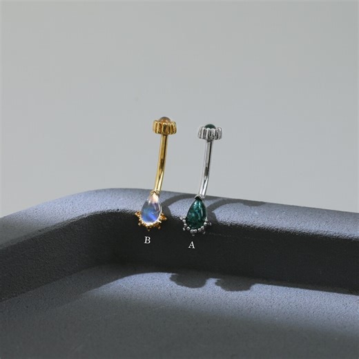 Moonstone ＆ Moss Agate Teardrop Rook Earring | Sterling Silver Eyebrow Ring | Internal Threaded Piercing Jewelry | Curved Barbell Belly Ring - Etsy