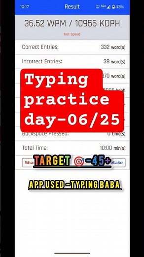 Today: 36.52 WPM ✅ Let’s go beyond limits!"🎯 “Typing Baba Speed Test 💥 #TypingJourney”