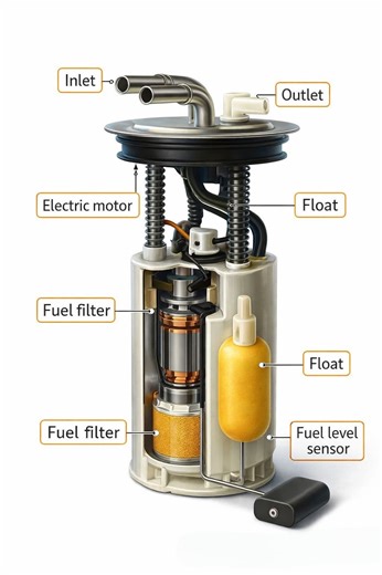 Torque craft on Instagram: "The Heart of Your Car's Fuel System: The Fuel Pump Assembly 🚗💨 This detailed diagram illustrates the inner workings of an in-tank fuel pump assembly, a critical component responsible for drawing fuel from the tank and delivering it to the engine at the correct pressure. Key Components Shown: Inlet & Outlet: Where fuel enters and exits the assembly. Electric Motor: Powers the pump mechanism. Fuel Filter: Screens impurities to protect the engine and system components.