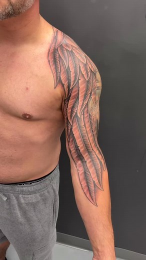 This gorgeous angel wing tattoo took 4 sessions, totaling about 12 hours. The tattoo in the middle was his first piece (not done by me) and he wanted to preserve it in its original form. I’m super happy with the way it all came together. #angelwing #angelwingtattoo #angel #guardianangel #angeltattoo #blackandgrey #blackandgreytattoo #wings #wingtattoo #tattoogoo #tattoo #tattoos #tattooer #tattooartist #ladytattooer #njtattooartist #modernzink #azarja #njtattooshop #tattoosformen #tattooed #inke