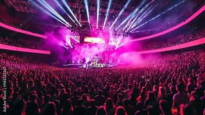 Exciting live concert experience in a packed arena with vibrant lights and enthusiastic crowd