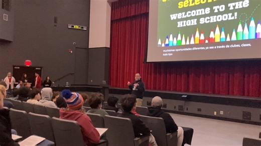 Linden Avenue Middle School’s outgoing eighth-grade class took an important step toward becoming Red Hook High School’s incoming freshman class Friday. The students took a trip down the sidewalk to the high school Friday morning for a transition session in which they ultimately made preliminary selections for their elective classes and academic tracks next year. The students heard from Principal Dr. Kyle Roddey, members of the Student Services staff, and several teachers from such departments as