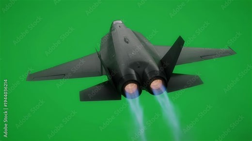 Powerful military fighter jet aircraft in dynamic flight against a vibrant green screen background, ready for compositing